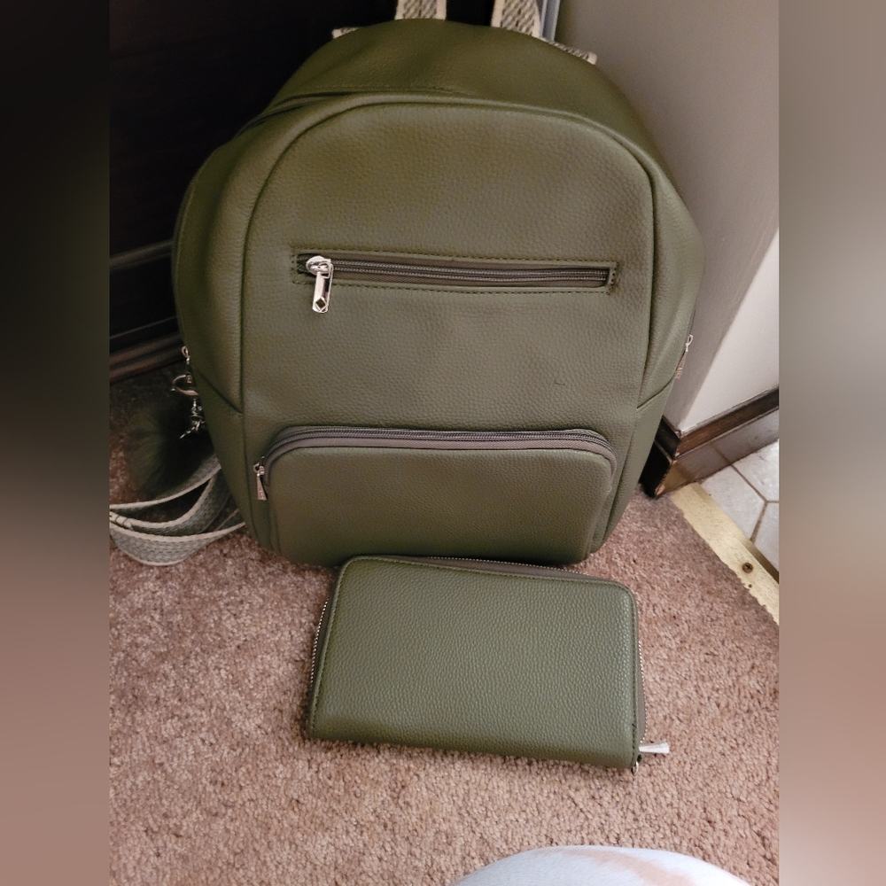 Olive Green Backpack and Wallet Set